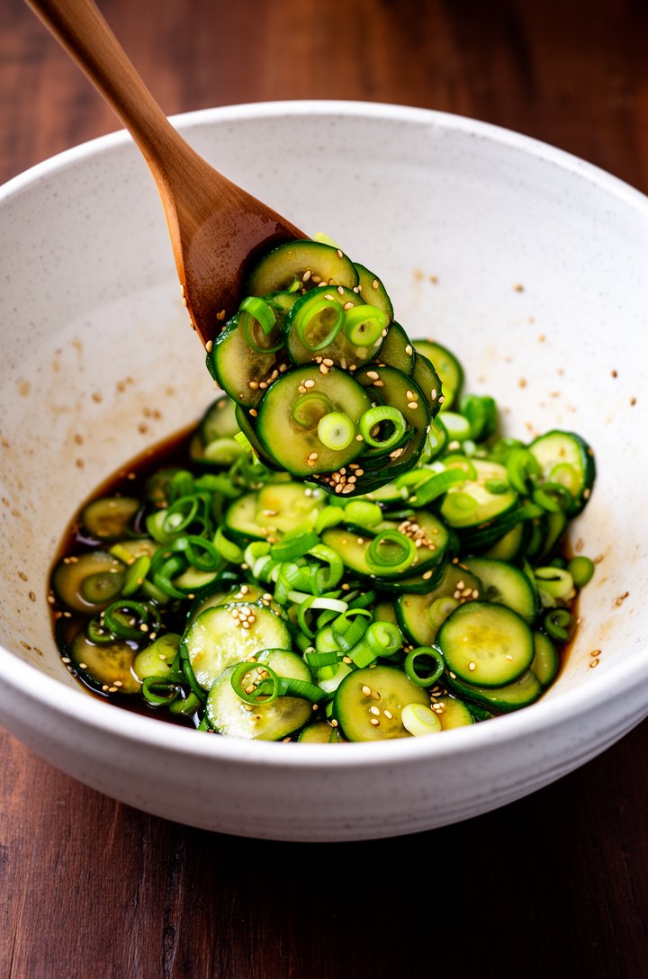 45-degree angle shot of the finished Asian cucumber salad being tossed in a large white speckled ceramic mixing bowl, a wooden spoon mid-motion lifting glistening cucumber slices coated in the sesame-
