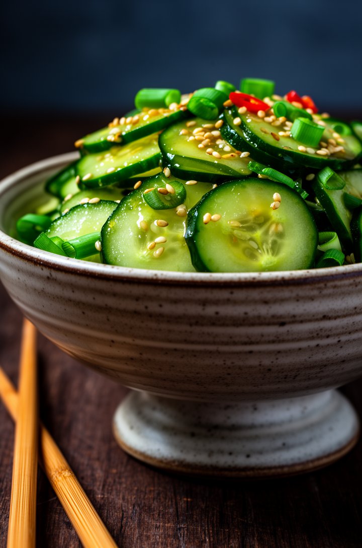 Extreme close-up macro shot of the finished salad served in a rustic speckled ceramic footed bowl on a dark wood surface, bamboo chopsticks resting alongside, cucumber slices piled high above the rim 