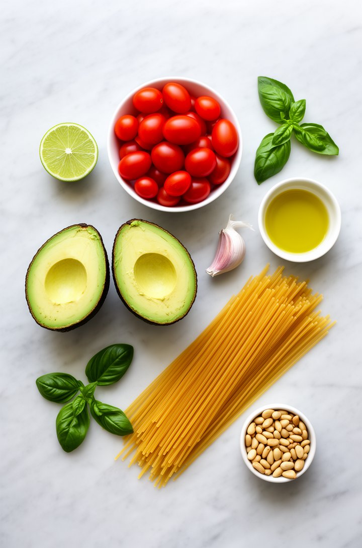 Overhead flat-lay of recipe ingredients arranged on a light marble surface: two halved ripe avocados showing creamy green flesh, a small bowl of halved bright red cherry tomatoes, a lime cut in half, 