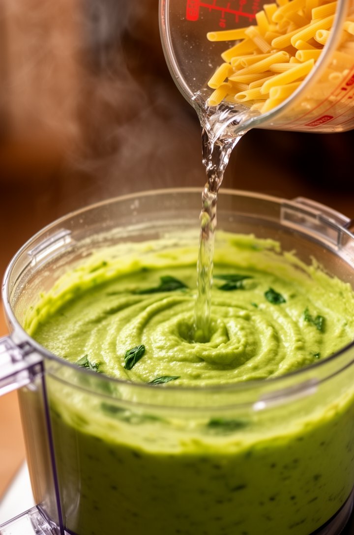 Close-up action shot of a food processor bowl containing bright green avocado sauce being blended, showing the smooth creamy texture with visible flecks of basil, a stream of pasta water being poured 