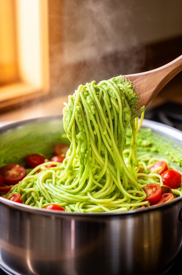 Side-angle shot of spaghetti being tossed in a large stainless steel pot with bright green creamy avocado sauce, wooden tongs lifting the pasta showing the sauce coating each strand, halved cherry tom