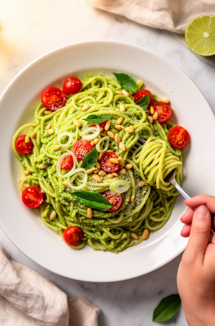 Overhead close-up of finished avocado pasta served in a wide white ceramic bowl, creamy green sauce coating spaghetti noodles, bright red halved cherry tomatoes scattered across the top, thin rings of