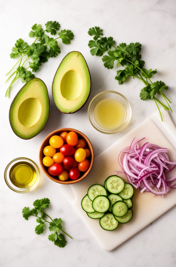 Overhead flat-lay of avocado salad ingredients arranged on a white marble surface before assembly -- two halved ripe avocados showing bright green flesh, a small wooden bowl of multi-colored grape tom