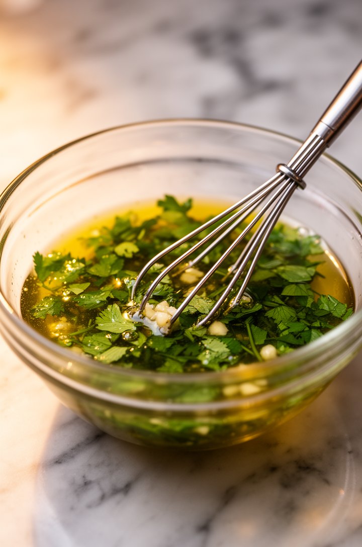 Close-up 45-degree angle shot of a small glass bowl with the herb dressing being whisked with a small fork, bright green flecks of chopped cilantro and parsley visible suspended in the golden olive oi