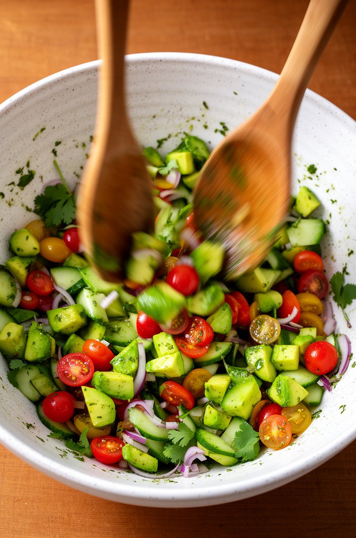 Action shot from slightly above showing two wooden serving spoons gently tossing the avocado salad in a large white speckled ceramic bowl, vibrant chunks of green avocado and multi-colored halved grap