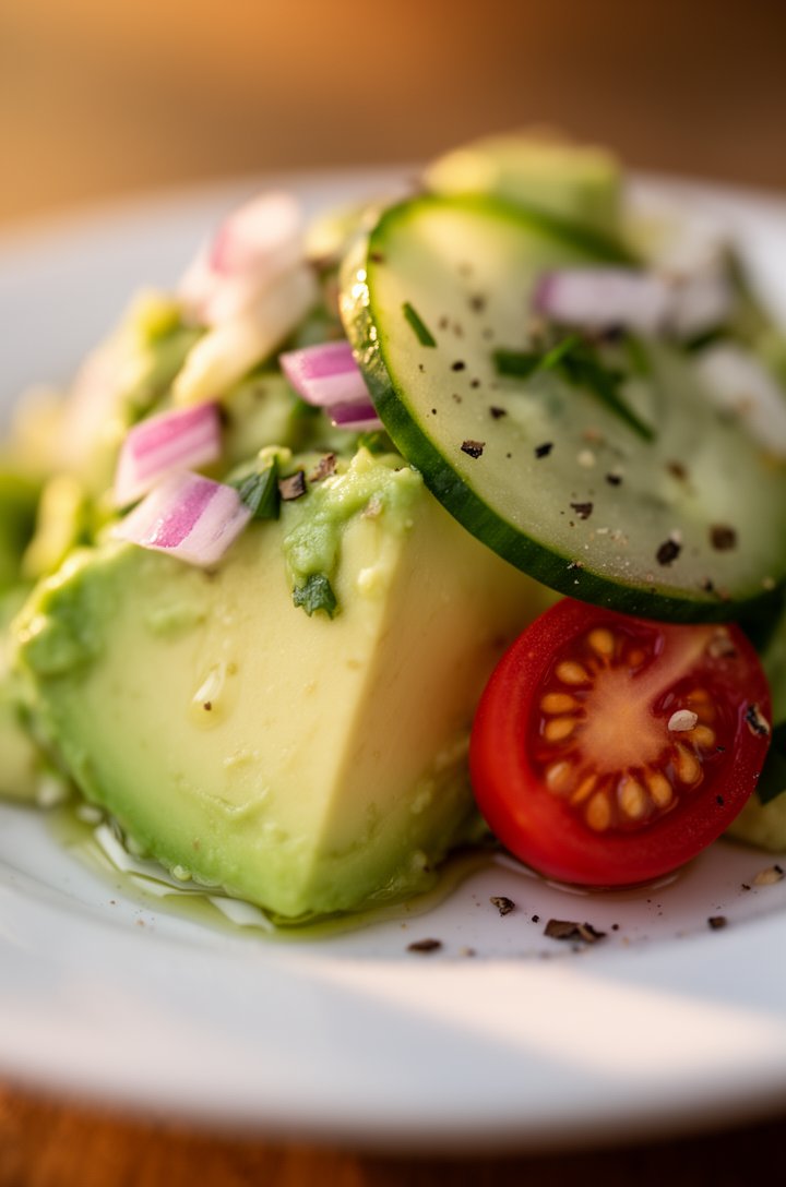 Extreme close-up macro shot of a single serving of avocado salad on a small white plate, shot from 6 inches away at a 20-degree angle, creamy avocado chunk in sharp focus showing the smooth pale-green