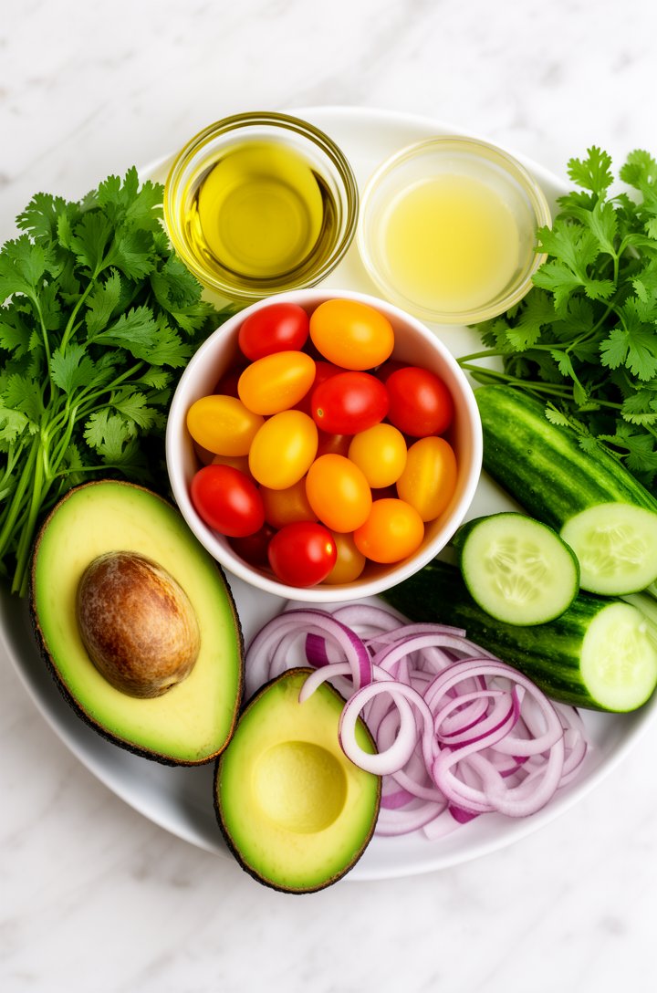 Overhead flat-lay on white marble of all avocado salad ingredients neatly arranged: two ripe avocados halved showing bright green flesh, a bowl of multi-colored grape tomatoes (red, yellow, orange), an English cucumber sliced into rounds, thin red onion slices, small glass bowls of olive oil and lemon juice, bunches of fresh cilantro and parsley, bright even natural lighting from above, clean professional food blog style