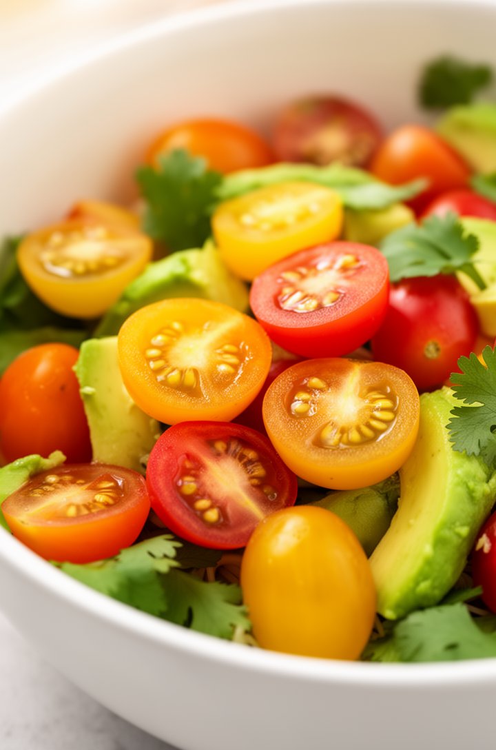 Close-up 45-degree angle of halved multi-colored grape tomatoes in a white bowl, showing the juicy seed cavities inside each tomato half, mix of red orange and yellow varieties, some cilantro leaves scattered around, bright natural lighting, shallow depth of field