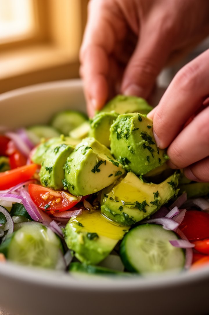 Side angle close-up of hands gently folding avocado chunks into the bowl of cucumber tomato and red onion, the dressing visibly coating the vegetables with an olive oil sheen, fresh herb flecks clinging to the avocado surfaces, warm kitchen lighting from a nearby window