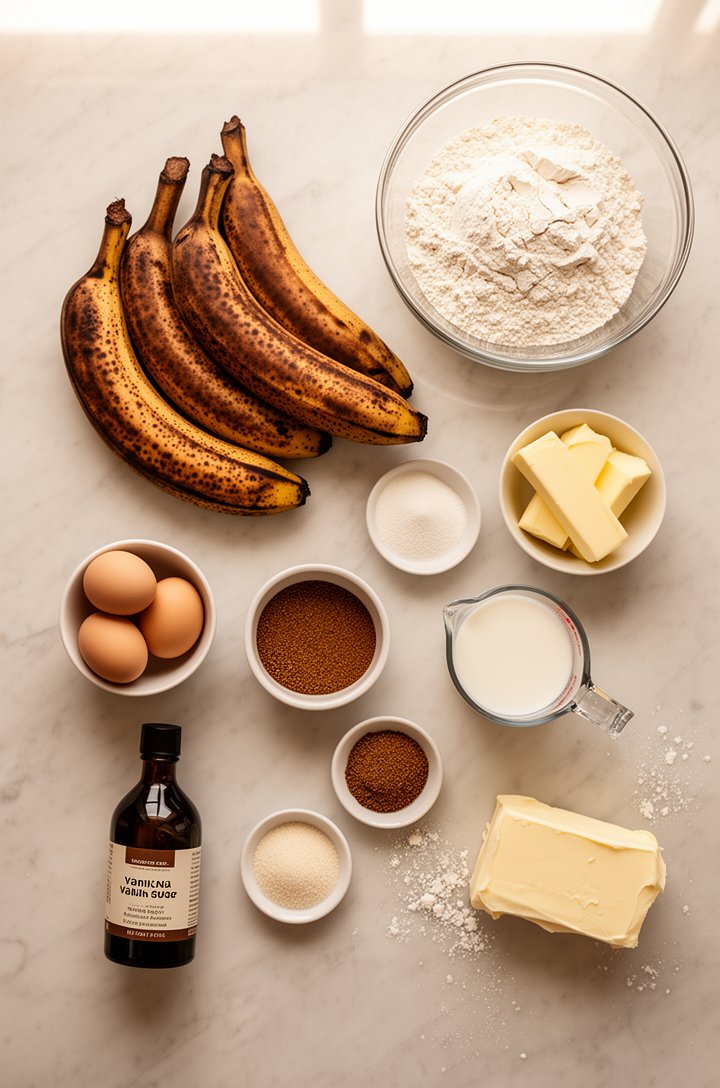 Overhead flat-lay shot of banana cake ingredients arranged on a light marble countertop — four very ripe brown-spotted bananas, a glass bowl of flour, sticks of butter, eggs in a small bowl, a measuri