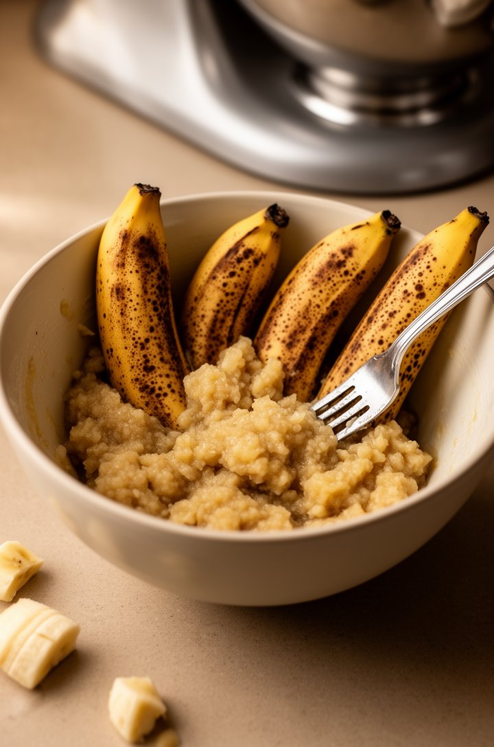 Close-up shot of four very ripe, heavily brown-spotted bananas being mashed in a light-colored mixing bowl with a fork, showing the chunky-smooth texture with some small pieces remaining. Shot from 45