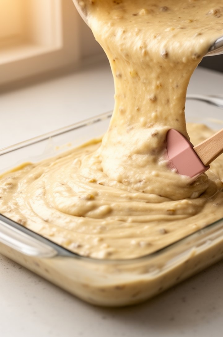 Side-angle close-up of thick banana cake batter being poured and spread into a greased glass 9x13 baking pan with a rubber spatula, showing the creamy pale golden batter with visible banana flecks. Th