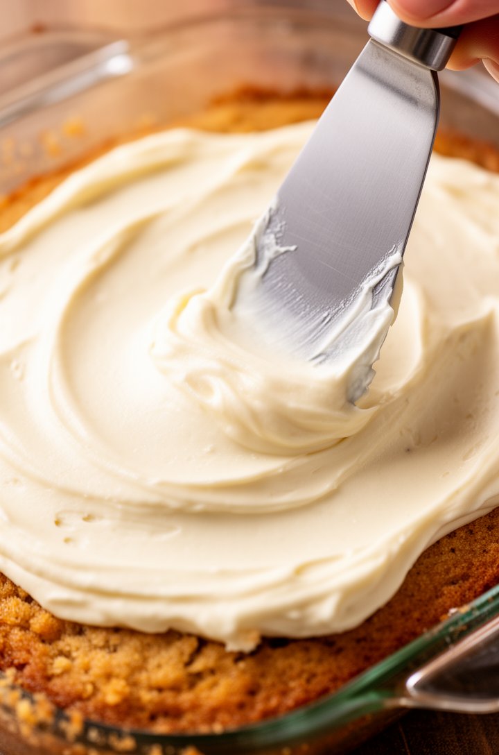 Close-up macro shot of cream cheese frosting being spread with an offset spatula over the top of a cooled golden-brown banana cake in a glass baking dish. The frosting is thick, off-white, and glossy 