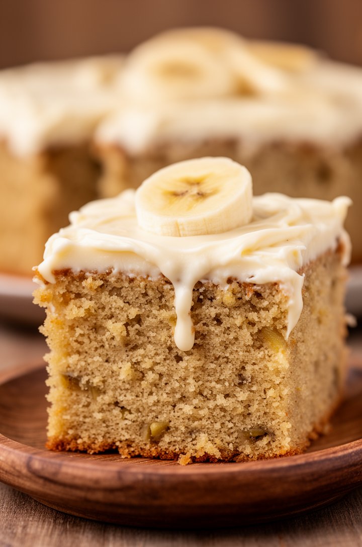 Extreme close-up of a single thick square slice of banana cake on a small rustic wooden plate, shot at eye level to emphasize the height. Dense golden-tan crumb with tiny banana flecks visible in the 