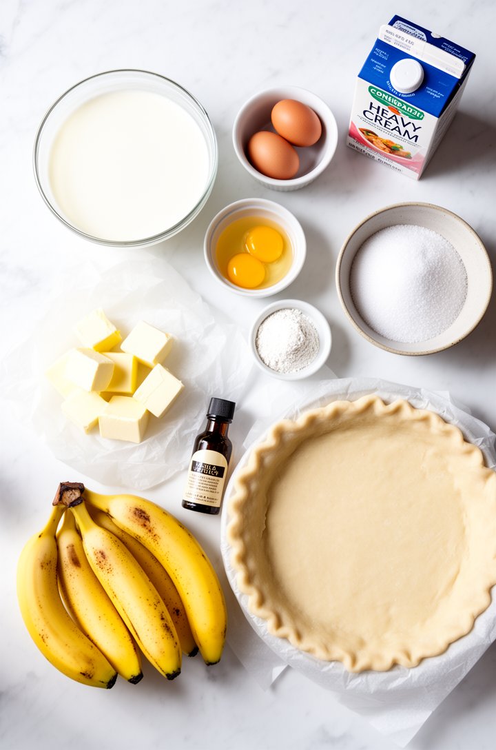 Overhead flat-lay of banana cream pie ingredients arranged on a white marble surface — a glass bowl of whole milk, two whole eggs and two yolks in a small white ramekin, a mound of granulated sugar in