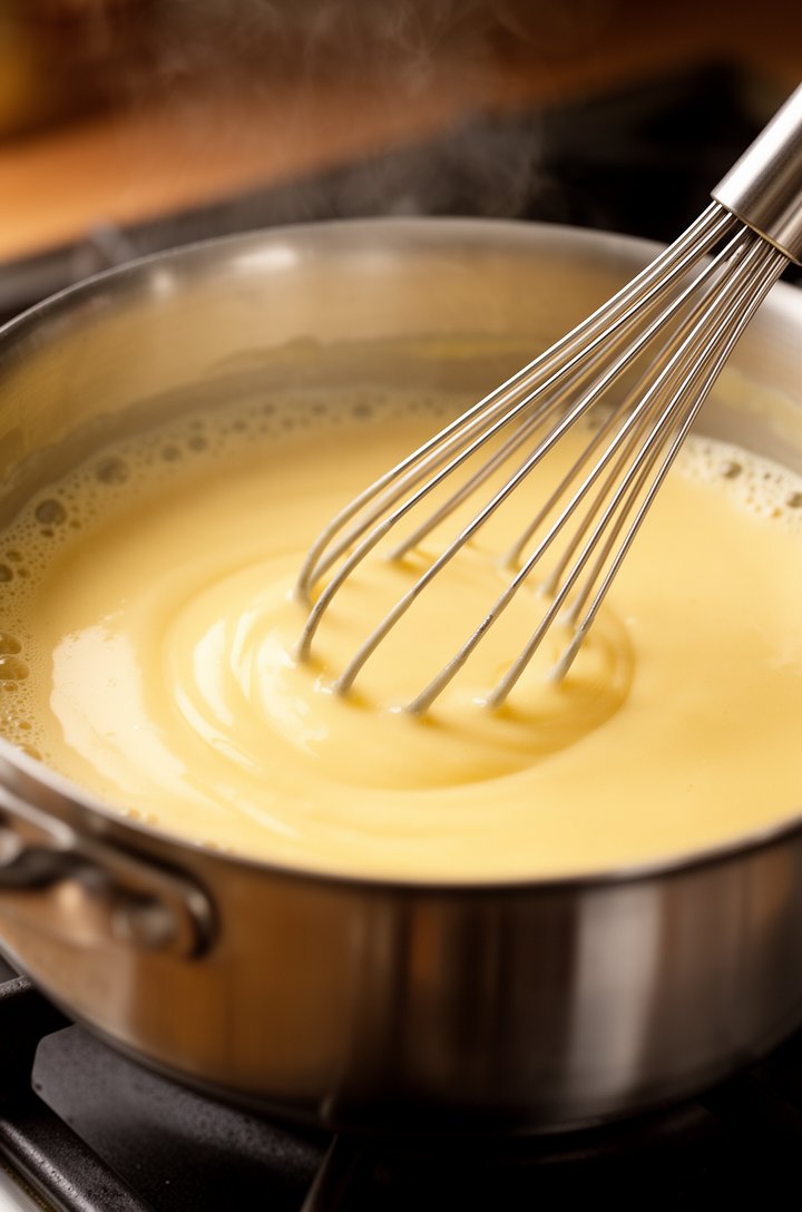Close-up side-angle shot of a medium saucepan on the stove with pale yellow custard being whisked. A silver whisk leaves a visible trail through the thick glossy custard. Small bubbles form at the edg