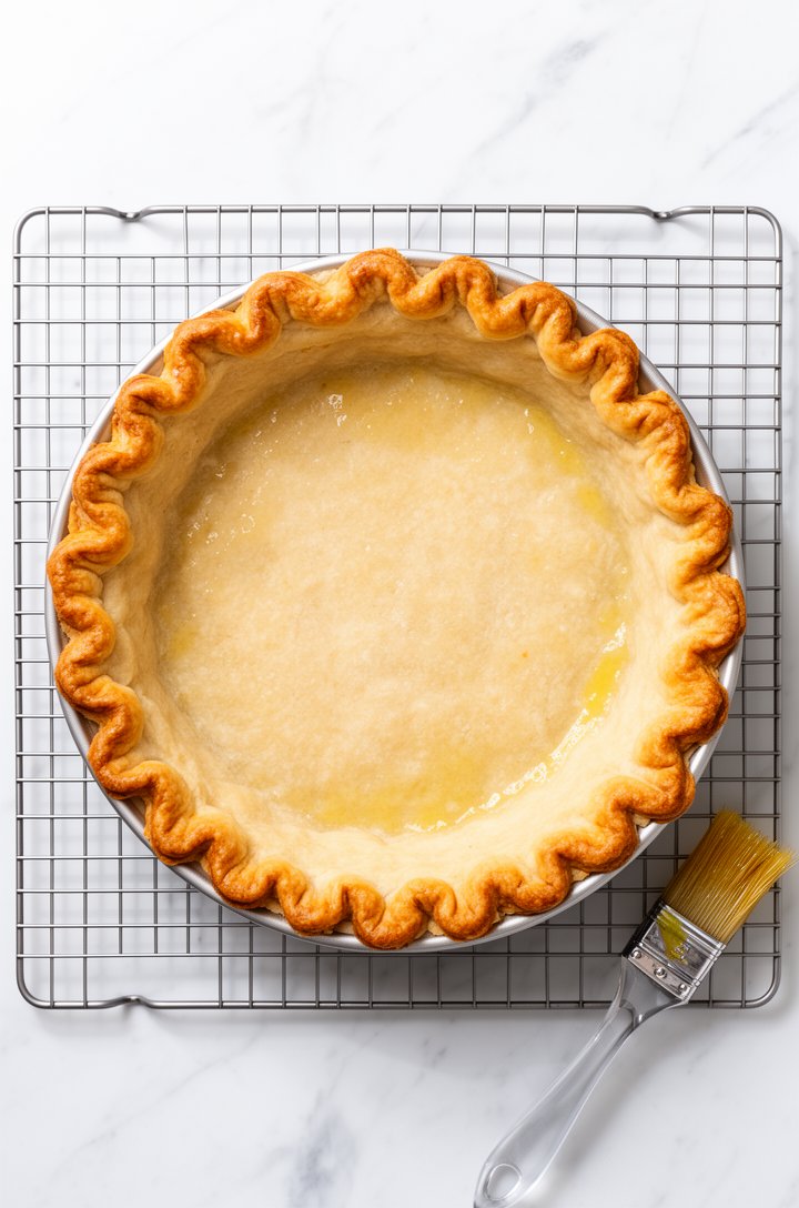 Overhead shot of a golden-brown blind-baked pie crust cooling in a 9-inch pie pan on a wire cooling rack. The crust has a beautiful fluted crimped edge with deep golden color. The bottom of the crust 