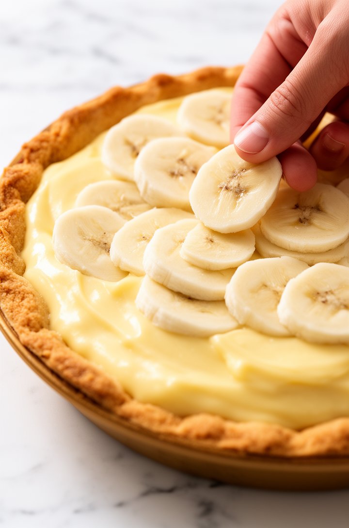 Close-up 45-degree angle shot of banana cream pie being assembled — a layer of smooth pale yellow custard spread in the golden baked pie shell, with fresh ivory banana coin slices being arranged in ov