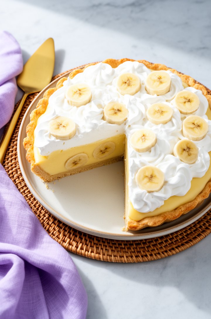 3/4 overhead angle of the finished banana cream pie with one clean slice removed, revealing three distinct layers — golden flaky crust at the bottom, a thick layer of pale yellow silky custard in the
