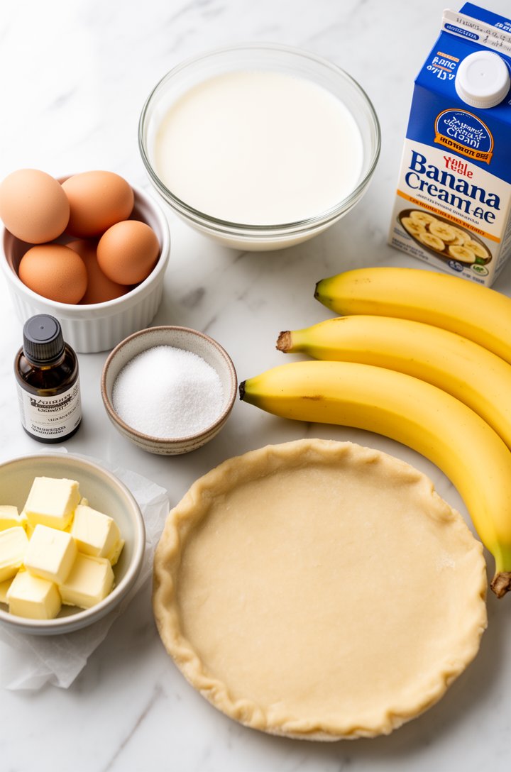 Overhead flat-lay of all banana cream pie ingredients arranged on white marble — glass bowl of whole milk, eggs in a ramekin, sugar and cornstarch in small ceramic bowls, cold cubed butter on parchment, vanilla extract bottle, four ripe yellow bananas, a round of pale pie dough, and a carton of heavy cream. Bright natural window light from the left, clean editorial style, soft shadows