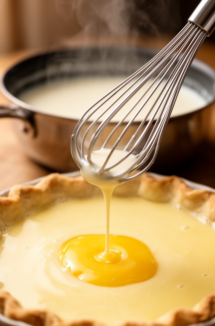 Close-up shot of a silver whisk drizzling hot milk mixture in a thin stream into a bowl of beaten egg yolks, demonstrating the tempering process. The egg mixture is pale yellow and smooth. A medium saucepan with the remaining hot milk is visible in the background, slightly blurred. Warm kitchen lighting, steam rising from the hot liquid, shallow depth of field