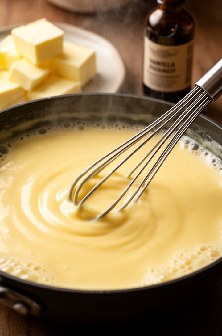 Side-angle close-up of thick glossy pale yellow custard in a saucepan, a whisk leaving a clear visible trail through the surface showing it has reached the proper thickness. Small bubbles at the edges. Cold cubed butter and a vanilla extract bottle sit on the counter beside the pot, ready to be added. Warm side lighting, steam rising gently