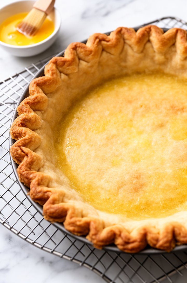 Overhead shot of a golden-brown blind-baked pie crust in a 9-inch pie pan with beautifully crimped fluted edges, showing the dry golden bottom sealed with egg wash. The crust sits on a wire cooling rack on white marble. A small bowl with remaining egg wash and a pastry brush nearby. Bright diffused natural light