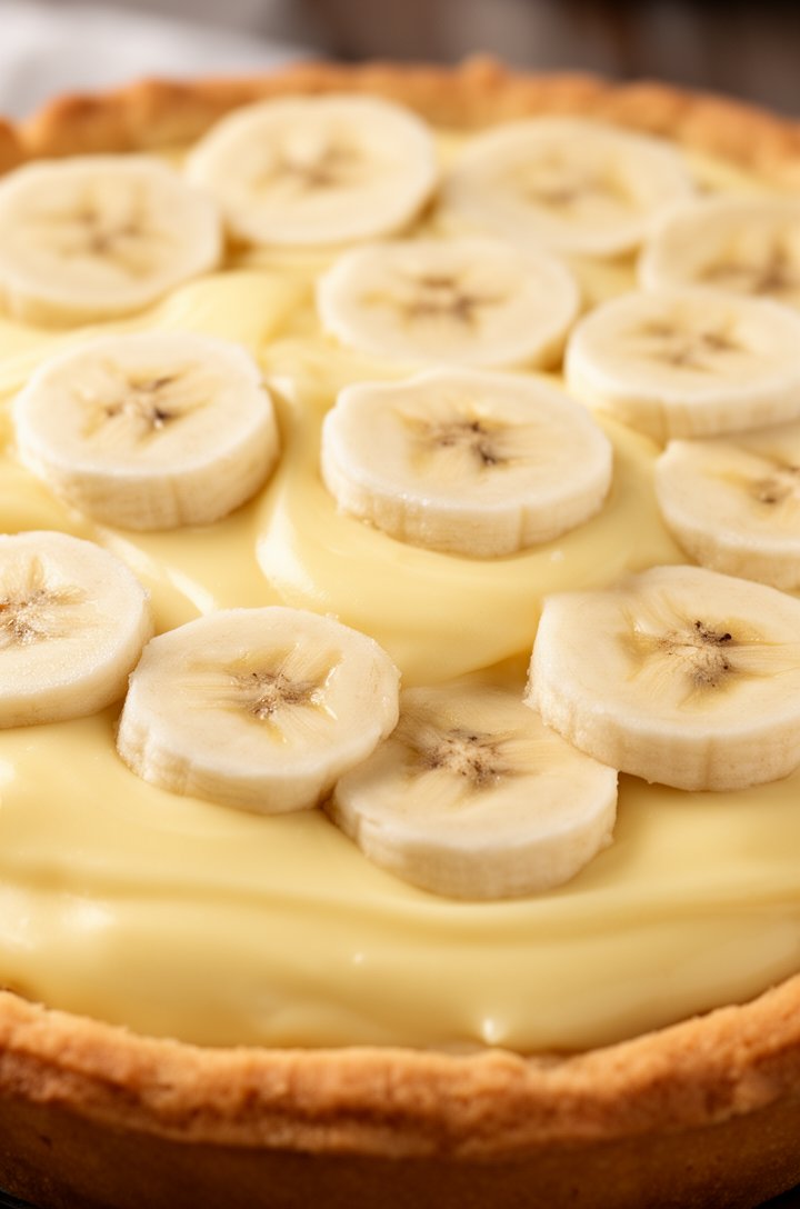 Close-up 45-degree angle of the pie assembly — smooth pale yellow custard spread as the first layer in the golden baked crust, with rows of fresh half-inch banana coin slices arranged in overlapping concentric circles on top. The custard is glossy and thick. Natural side lighting, shallow depth of field