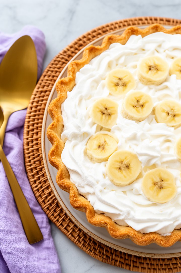 Overhead shot of the finished banana cream pie with voluminous swirled whipped cream covering the entire surface, fresh banana coin slices scattered decoratively across the top. Golden-brown fluted pastry crust visible at the edges. The pie sits on a ceramic plate on a woven rattan trivet, on light grey marble. A gold pie server and lavender linen napkin arranged to the left. Bright airy editorial food photography, soft diffused lighting from above-left