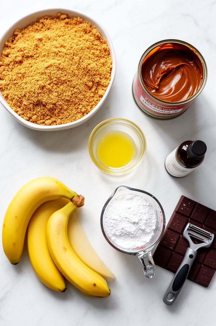 Overhead flat-lay of banoffee pie ingredients arranged on a white marble surface — a bowl of golden graham cracker crumbs, a small glass dish of melted butter, an open can of dulce de leche showing th