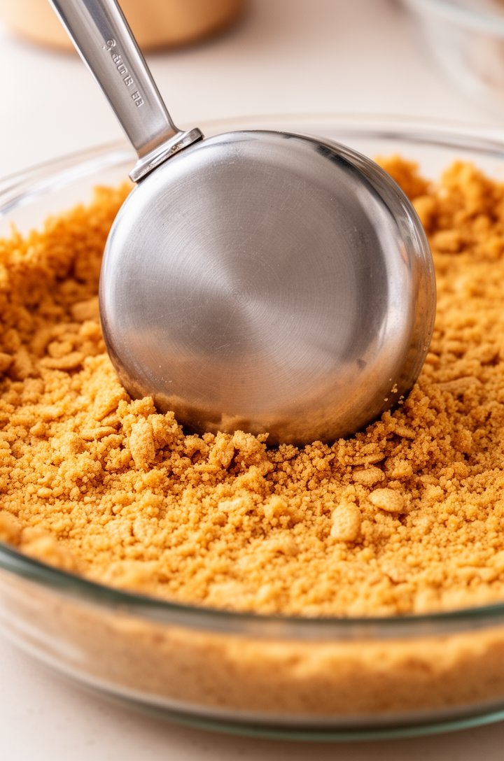 Side-angle close-up of golden graham cracker crust being pressed firmly into a glass pie dish using the flat bottom of a metal measuring cup, showing the buttery crumb texture and even thickness along