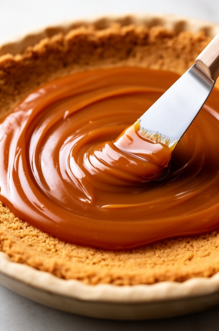 Close-up 45-degree angle shot of thick glossy amber dulce de leche being spread with an offset spatula across a golden baked graham cracker crust in a pie dish, the caramel glistening and smooth, rich