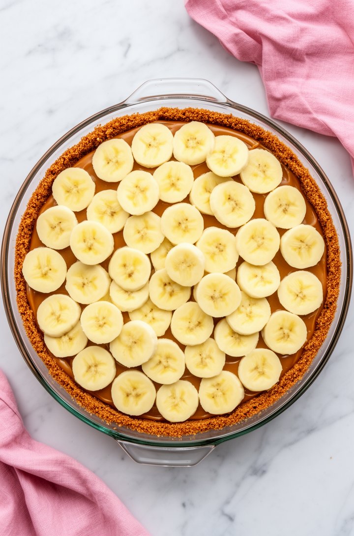 Overhead shot of an assembled banoffee pie before the whipped cream — showing neatly arranged overlapping banana slices covering the entire surface of the amber dulce de leche layer in the graham crac