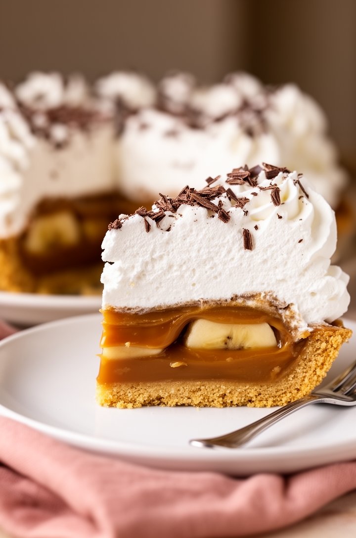 Extreme close-up side angle of a single tall slice of banoffee pie on a white ceramic dessert plate, showing all four distinct layers in cross-section: crumbly golden graham crust at the base, thick a