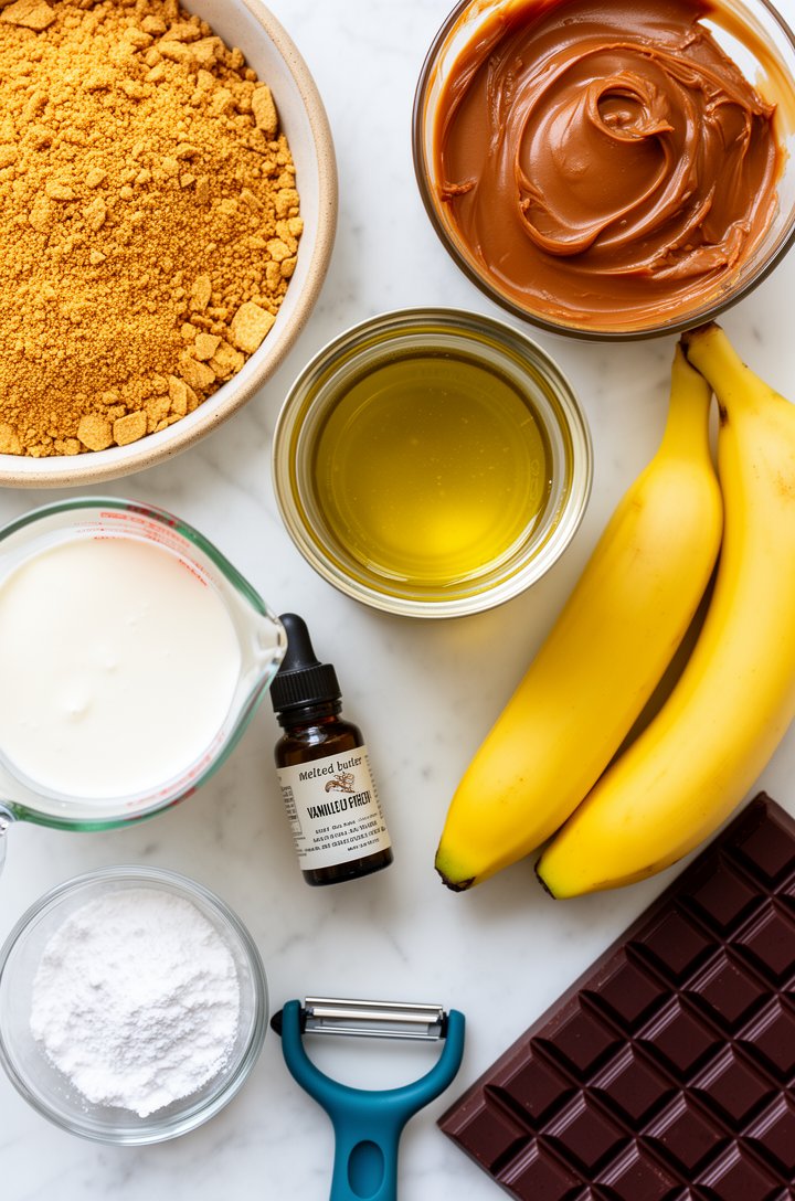 Overhead flat-lay of all banoffee pie ingredients neatly arranged on a white marble surface — golden graham cracker crumbs in a ceramic bowl, melted butter in a small glass dish, an open can of thick amber dulce de leche, three ripe yellow bananas, a glass measuring cup of heavy cream, a ramekin of powdered sugar, vanilla extract bottle, and a dark chocolate bar with a vegetable peeler, bright clean natural window lighting from above, organized mise en place style