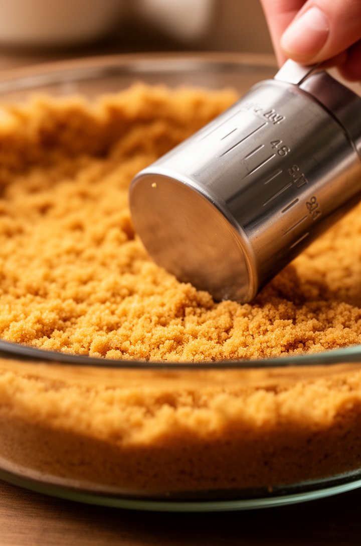 Close-up side-angle shot of golden buttery graham cracker crust being pressed into a clear glass pie dish with the flat bottom of a measuring cup, showing even crumb distribution along the bottom and sides, warm ambient kitchen lighting, shallow depth of field