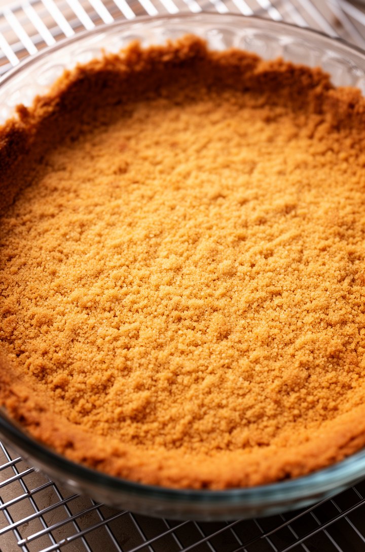 Overhead shot of the baked golden-brown graham cracker crust cooling in a glass pie plate on a wire cooling rack, showing the evenly set crumb surface with slightly darker edges, warm tones, natural lighting