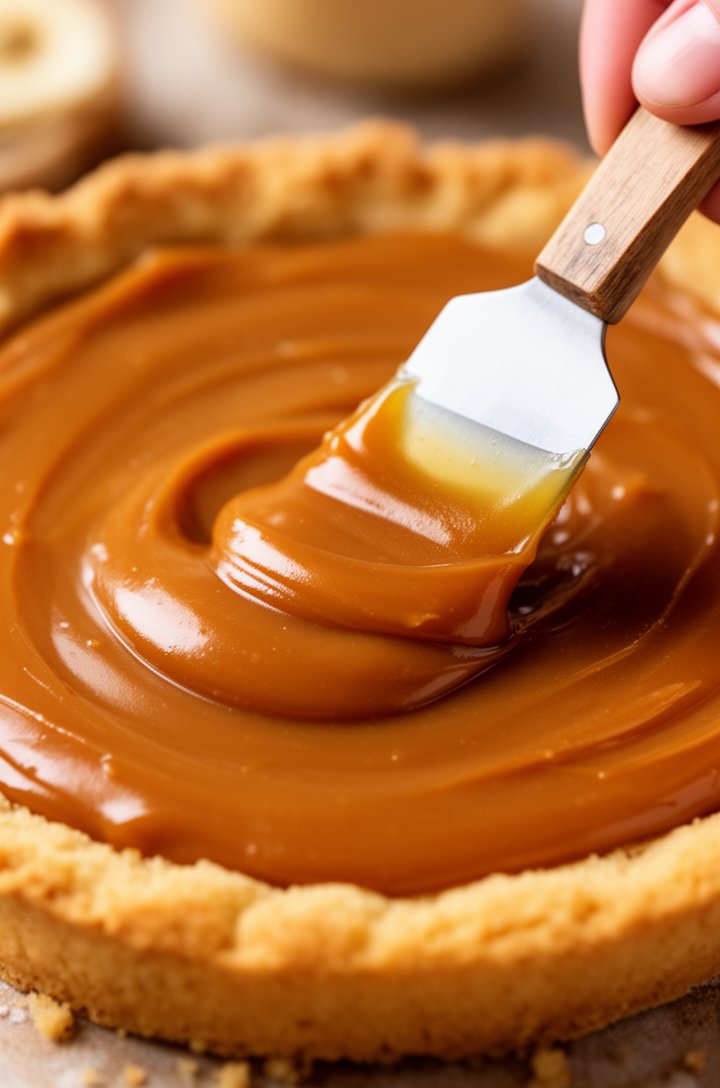 Close-up 45-degree angle of thick glossy amber dulce de leche being spread with a small offset spatula across the cooled golden crust, showing the smooth caramel surface catching the light, rich warm honey tones, professional food photography