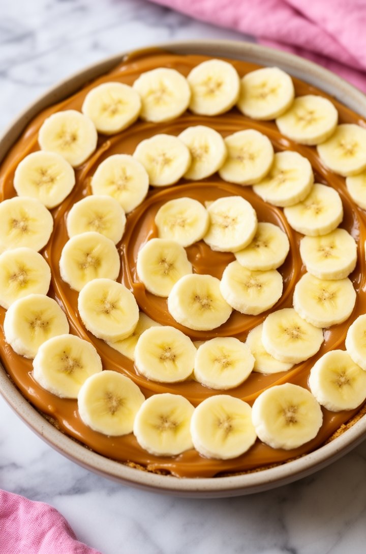 Overhead shot of banana slices arranged in overlapping concentric circles covering the entire dulce de leche layer, pale yellow rounds on glossy amber caramel, natural overhead lighting on marble surface with a pink linen in corner
