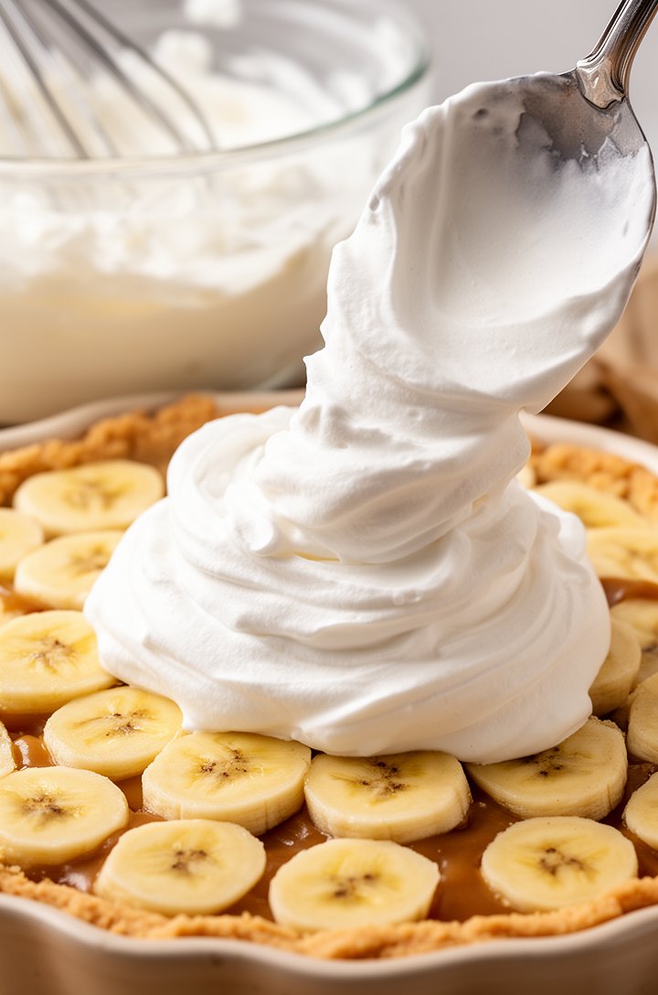 Action shot of fluffy white whipped cream being dolloped from a large spoon onto the banana layer in the pie dish, the cream holding soft billowy peaks, glass bowl with remaining whipped cream and a whisk visible in the background, bright natural side lighting