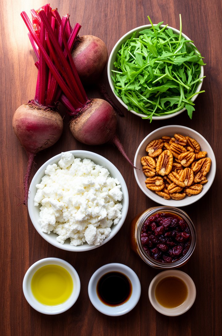 Overhead flat-lay of all beet salad ingredients arranged in small bowls on a dark walnut wood surface — whole raw red beets with stems trimmed, a mound of bright green baby arugula, a small bowl of wh