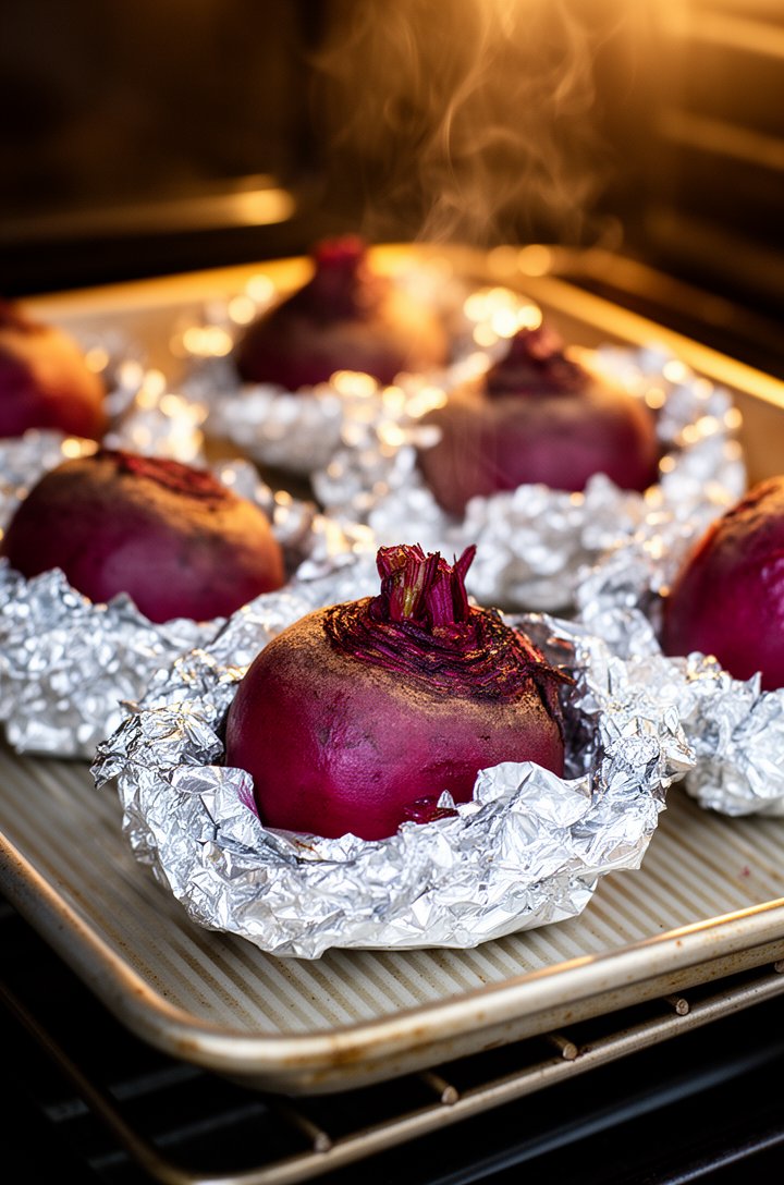 Close-up 45-degree angle shot of six whole beets individually wrapped in crinkled aluminum foil arranged on a lined baking sheet, one beet partially unwrapped showing deep magenta roasted skin with st