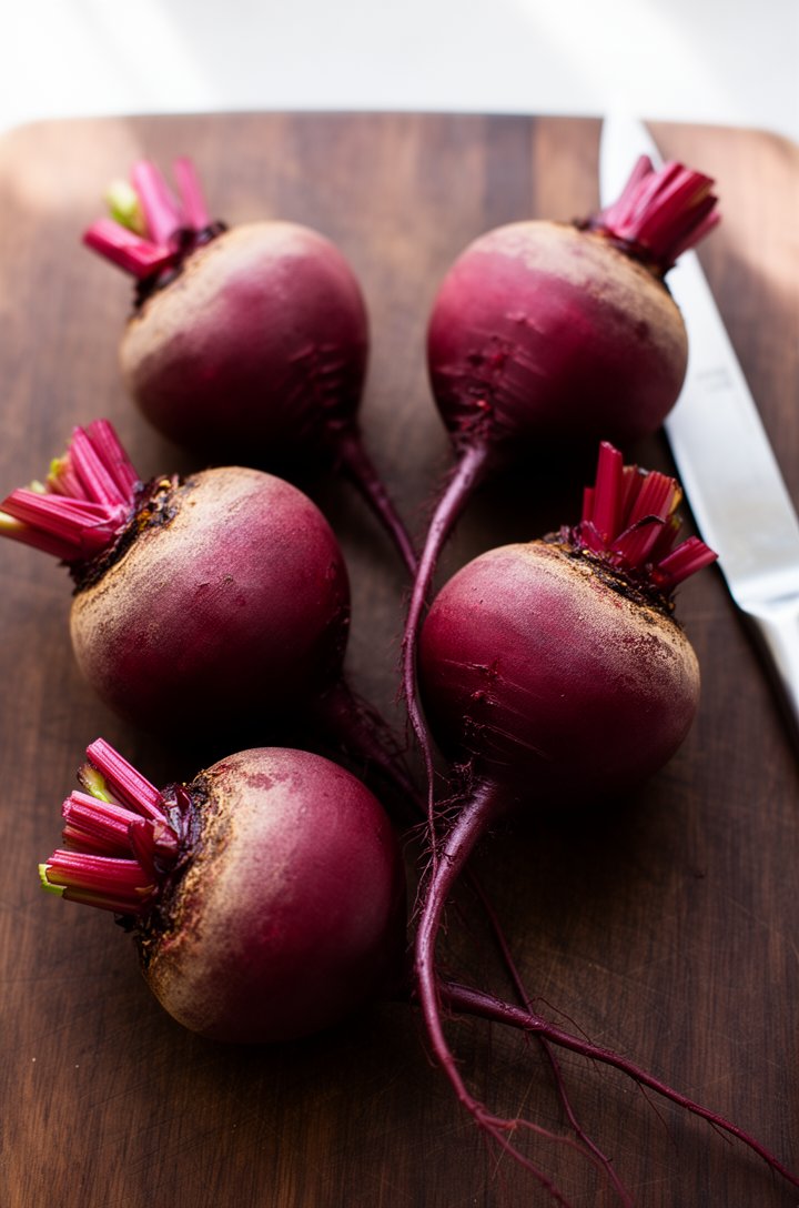 Overhead flat-lay of six raw red beets with trimmed stems on a dark wood cutting board, deep purple-red skin visible with thin root tails, small knife resting beside them, bright natural window lighting casting soft shadows, clean and minimal food prep photography