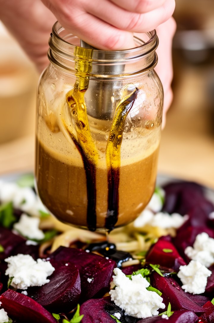 Close-up overhead shot of a small mason jar being shaken with balsamic vinaigrette inside — creamy emulsified amber-brown dressing visible through the glass, dark balsamic and golden olive oil streaks swirling together, the jar held by a hand against a blurred kitchen background, warm natural lighting