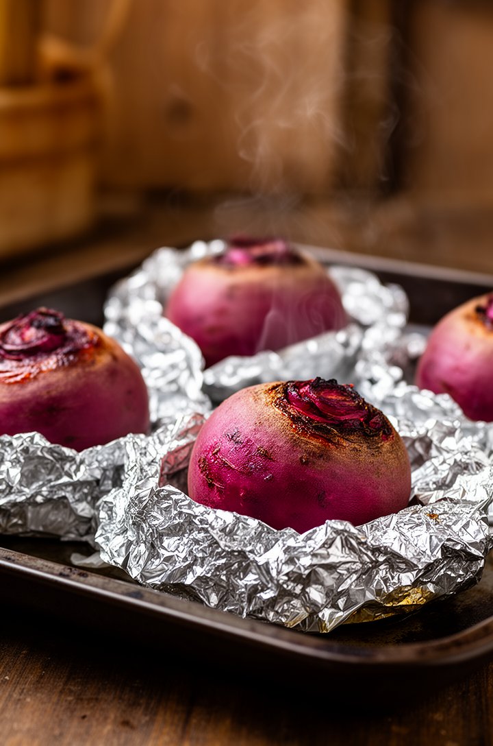 Close-up 45-degree angle shot of four beetroots wrapped in crinkled aluminium foil sitting on a dark baking tray, one partially unwrapped showing deep magenta roasted skin with slight caramelisation, 
