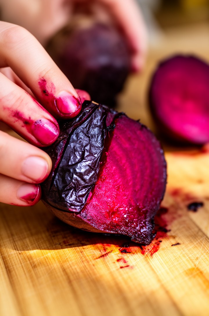 Extreme close-up macro shot of hands peeling the dark purple skin off a roasted beetroot, the skin sliding away to reveal vibrant magenta-ruby flesh underneath, juice staining fingertips, shallow dept