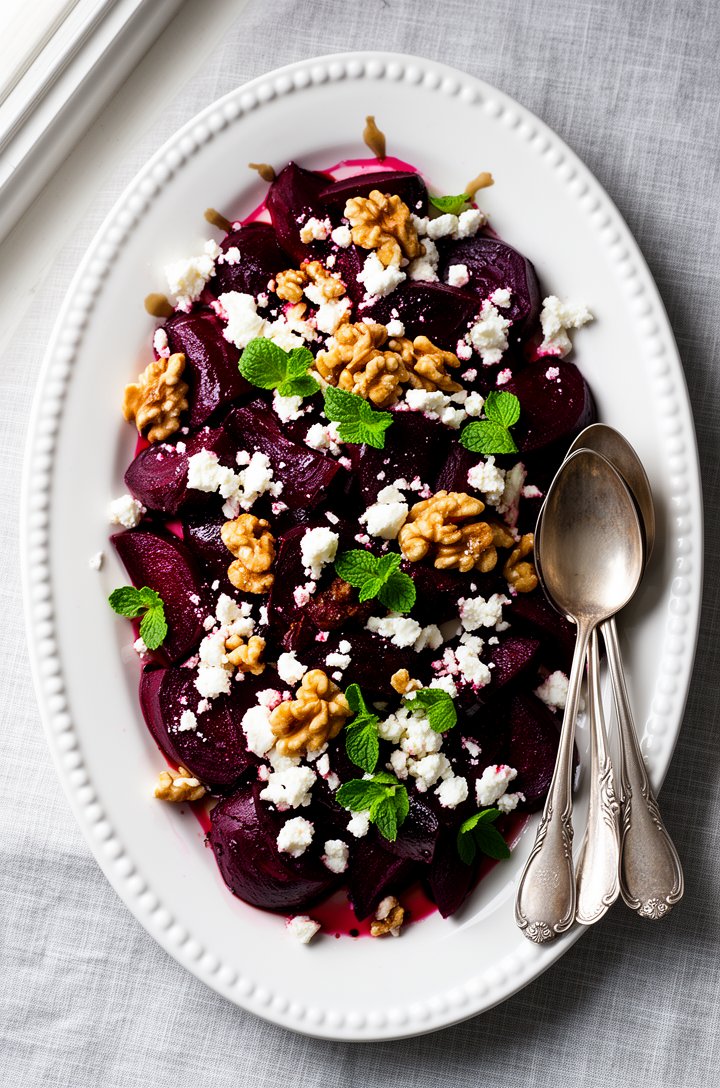 Overhead close-up of the finished beetroot salad on a white oval ceramic platter with beaded rim, deep purple-red roasted beetroot wedges glistening with balsamic dressing, bright white feta crumbles 