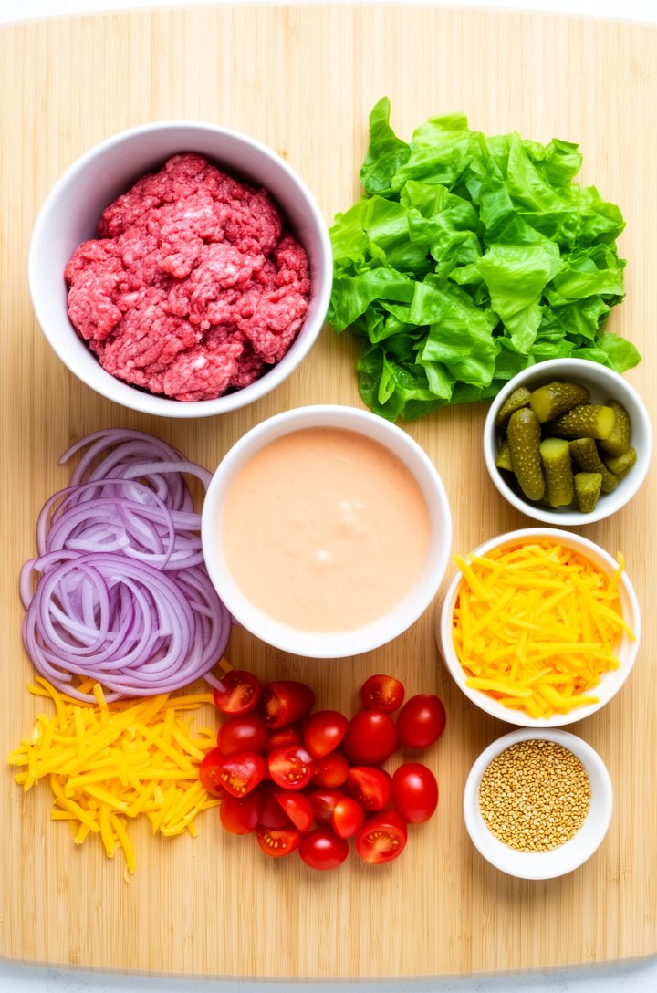 Overhead flat-lay of Big Mac salad ingredients arranged on a light wooden cutting board — a small white bowl of creamy pale-orange special sauce dressing in the center, surrounded by a bowl of raw gro