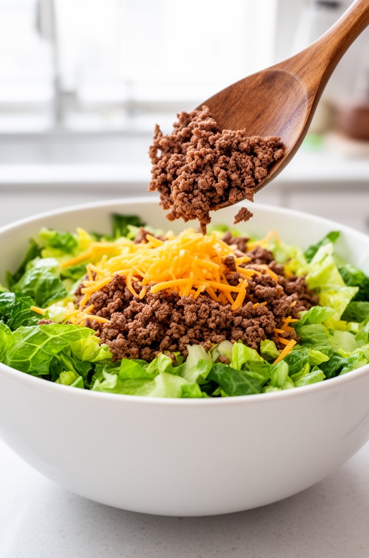 Side-angle shot of a large white ceramic bowl being assembled with the Big Mac salad — chopped romaine as the base with crumbled browned beef being scattered on top from a wooden spoon, shredded chedd
