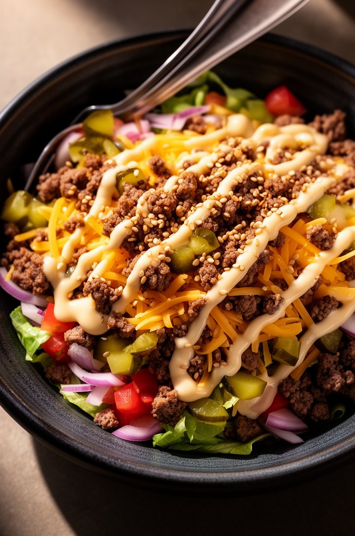 Extreme close-up overhead shot of a fully assembled Big Mac salad in a deep dark ceramic bowl, crumbled browned beef with crispy edges, melted shredded cheddar, chopped green pickles, thin red onion s